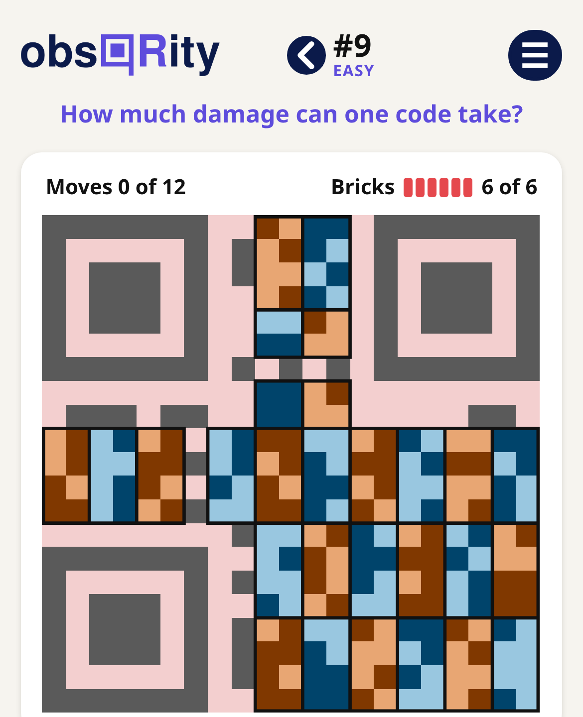 A daily obsQRity puzzle with its bricks shown